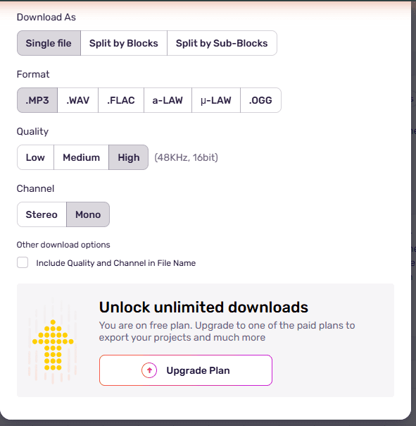 Murf AI free plan no download closeup - You are on free plan upgrade to export projects