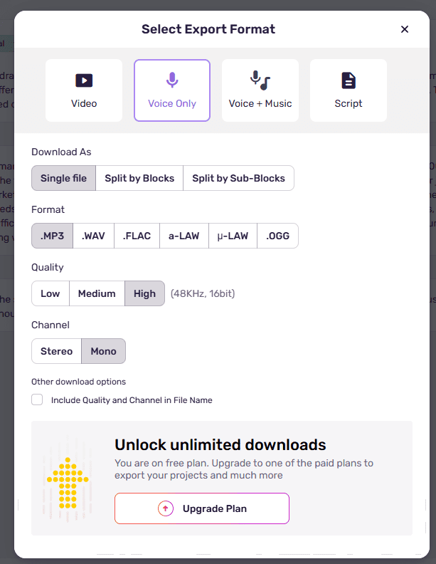 Murf AI unlock unlimited downloads - You are on free plan upgrade required to export audio close-up