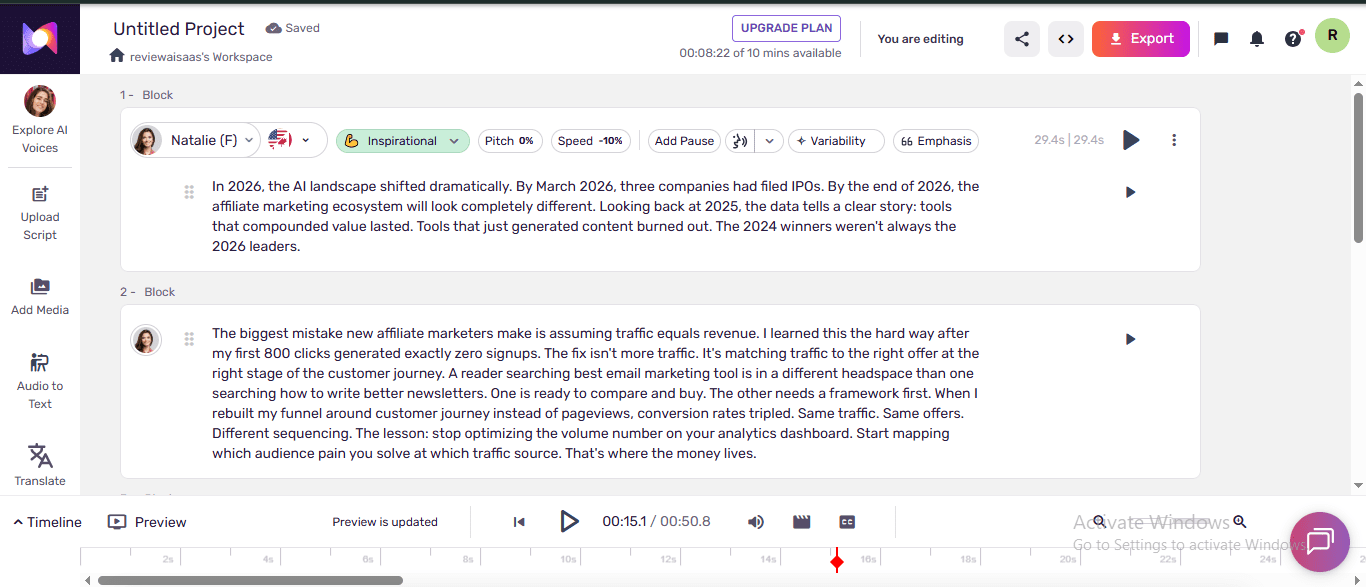 Murf free plan block editor showing Natalie voice with Pitch 0% Speed -10% Add Pause Variability and 66 Emphasis toolbar controls - murf vs elevenlabs comparison 2026