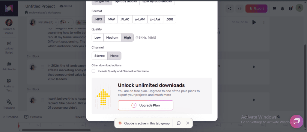 Murf free plan export dialog showing Unlock unlimited downloads paywall requiring upgrade to paid plan
