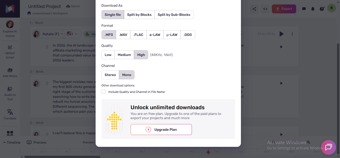 Murf free plan export dialog showing Unlock unlimited downloads paywall - free plan users cannot download audio files without upgrading - murf vs elevenlabs 2026