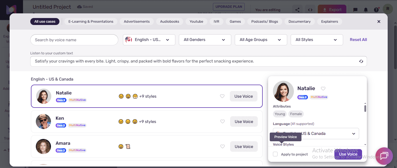 Murf free plan voice library showing Natalie Gen 2 MultiNative voice with plus 9 styles and use case category tabs including E-Learning Advertisements Audiobooks Youtube Podcasts - murf vs elevenlabs 2026