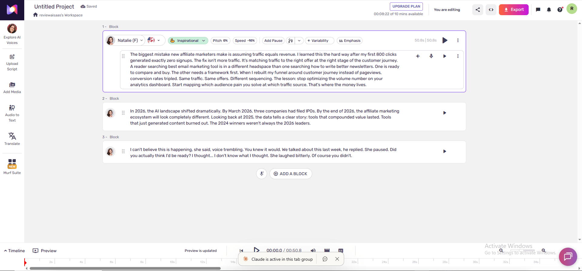 Murf Studio dashboard showing Natalie voice loaded with 8 minutes 22 seconds of 10 free credits remaining