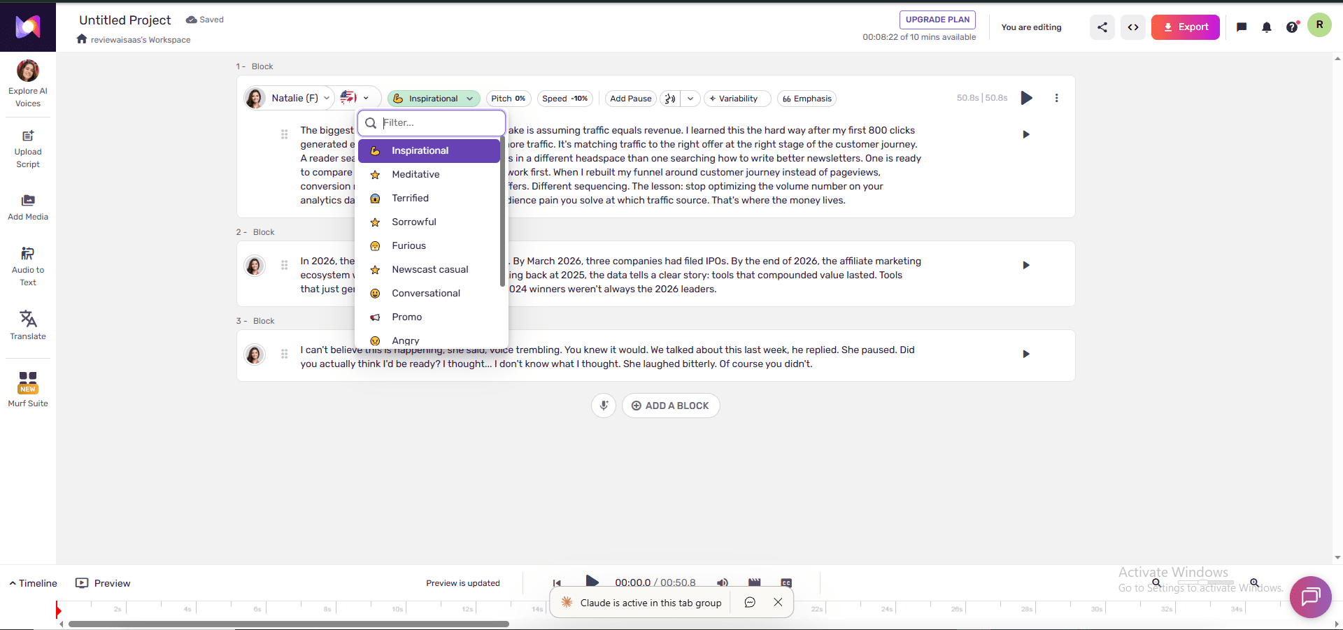 Murf voice style dropdown open showing nine named emotional styles including Inspirational, Furious, Sorrowful, and Newscast