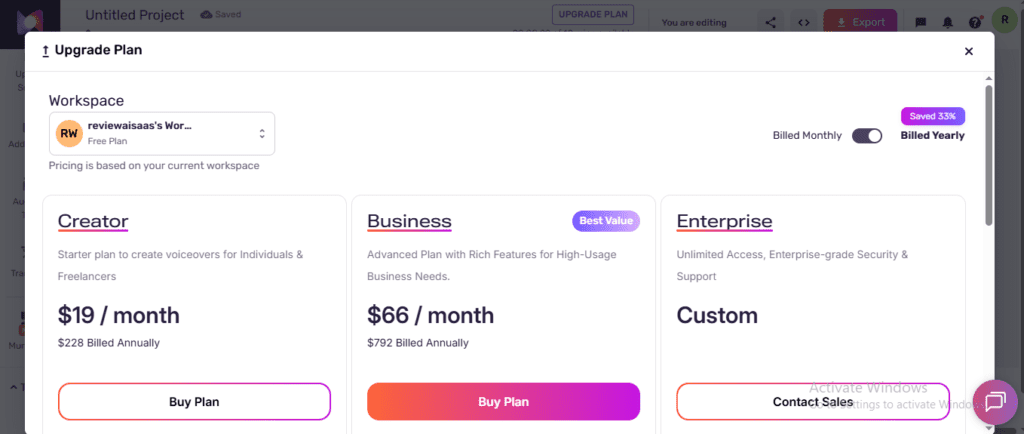 Murf AI upgrade plan pricing page showing paid subscription tiers required for MP3 download and commercial use