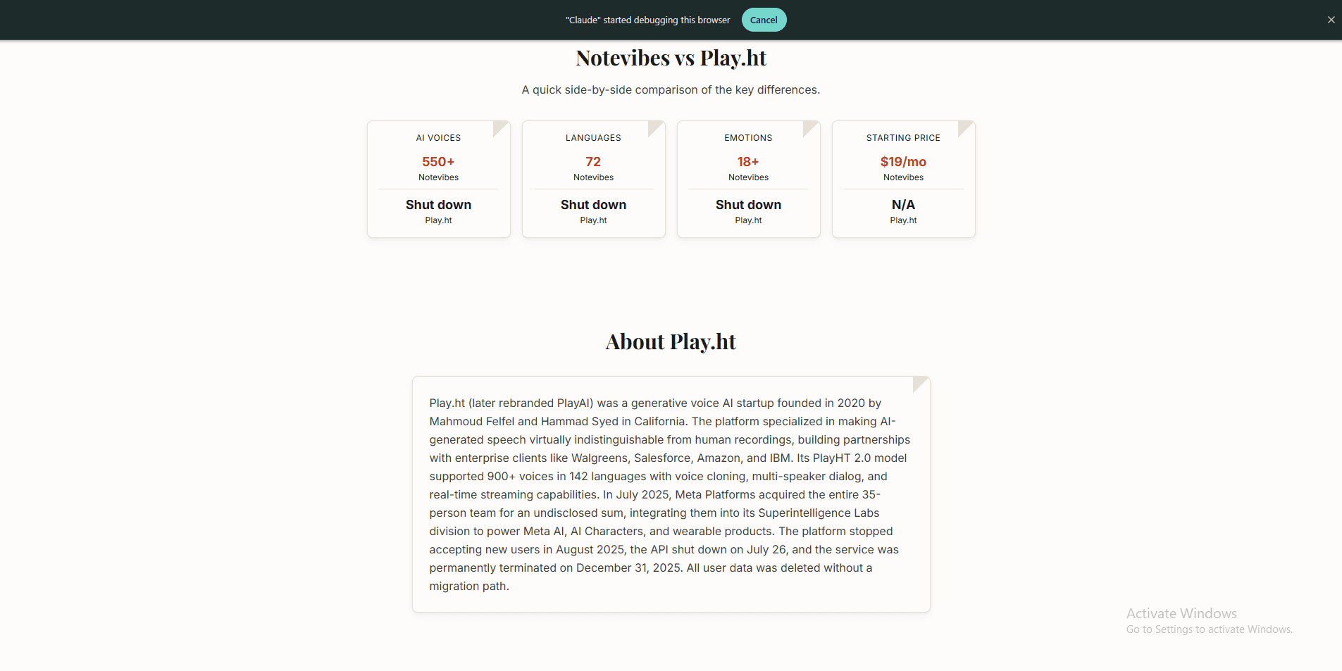 Notevibes Play.ht timeline — Meta acquired 35-person team July 2025 for Superintelligence Labs, API shut down July 26, service terminated December 31 2025