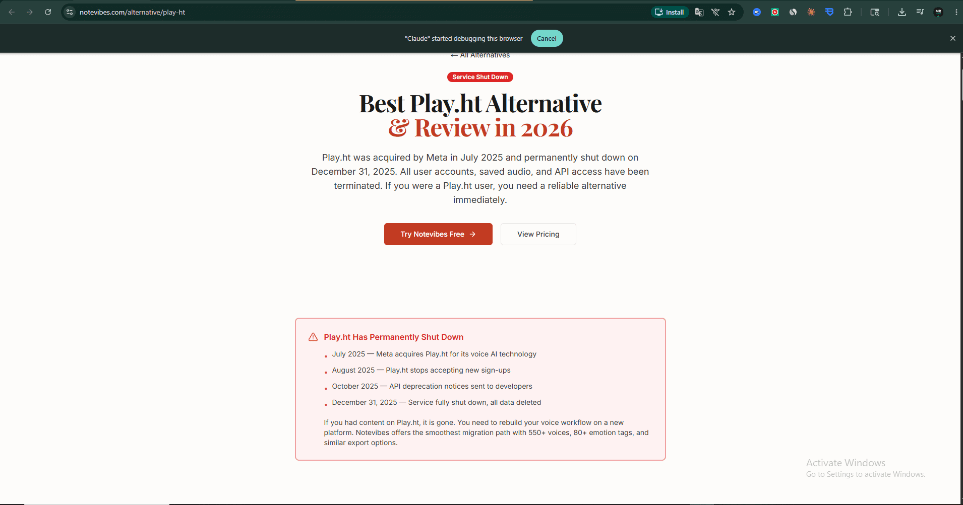 Notevibes.com confirms Play.ht Service Shut Down — acquired by Meta July 2025, permanently closed December 31 2025
