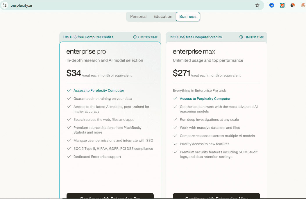 Perplexity AI Enterprise Pricing Plans - Enterprise Pro at $34/seat and Enterprise Max at $271/seat
