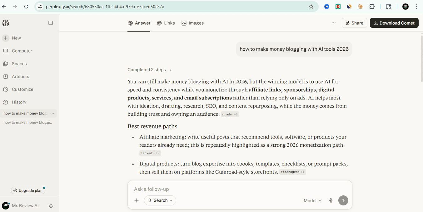 Perplexity AI search result - how to make money blogging with AI tools 2026 - part 1
