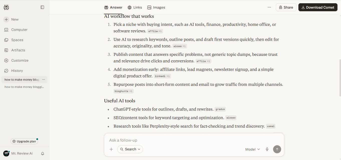 Perplexity AI search result - AI workflow and useful AI tools - part 3