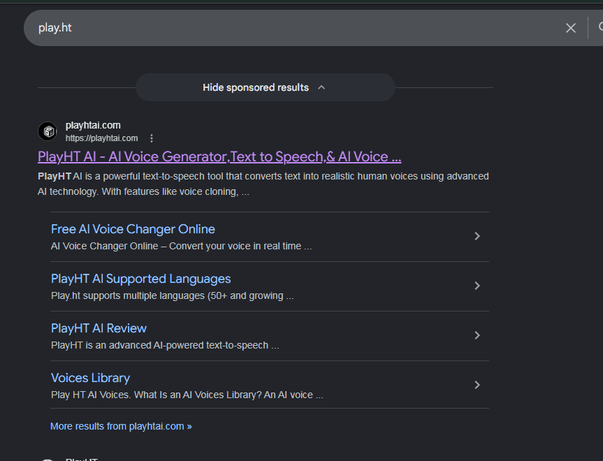 Google search for play.ht shows playhtai.com as top result — fake impersonator site, May 2026