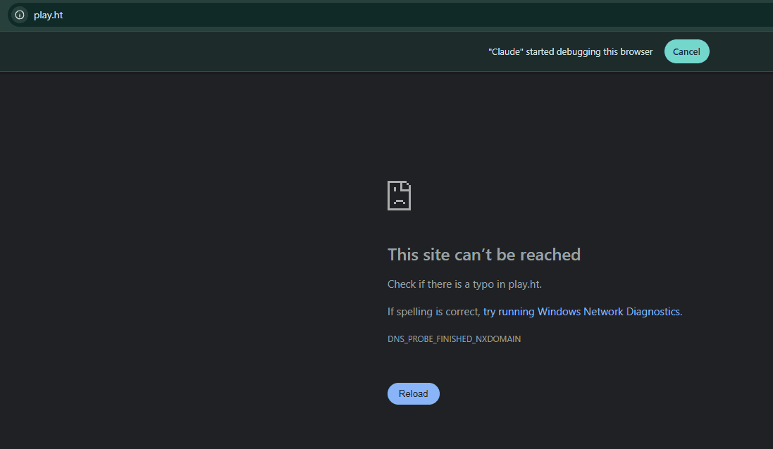 Play.ht domain cannot be reached — DNS error in Chrome browser, May 2026