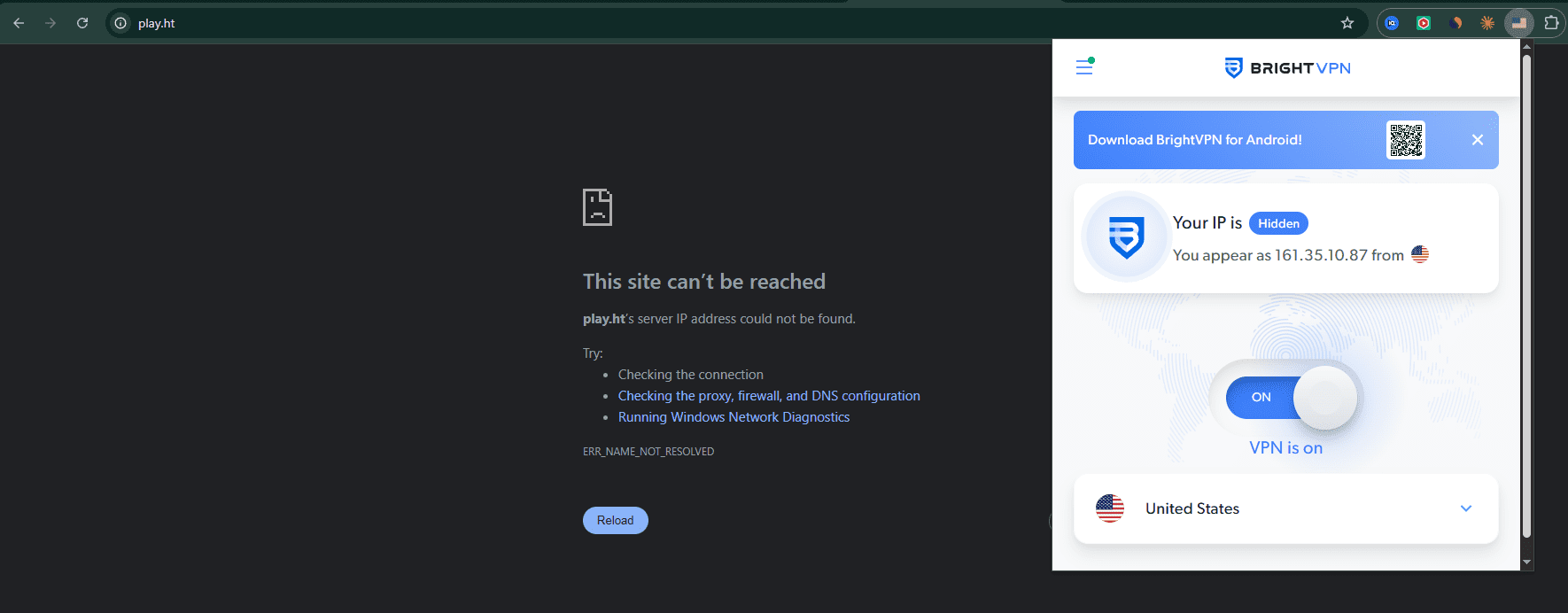 play.ht still unreachable even with US VPN (BrightVPN) active — May 2026