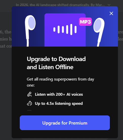 Speechify free plan paywall upgrade to premium showing 200 plus AI voices and MP3 download locked - murf vs elevenlabs free plan comparison 2026