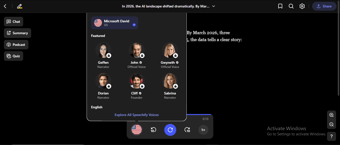 Speechify free plan voice selector showing Microsoft David as only free voice with all featured AI voices locked - murf vs elevenlabs free plan comparison 2026