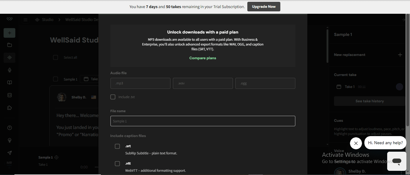 WellSaid Labs download paywall showing MP3 WAV OGG locked murf vs elevenlabs 2026