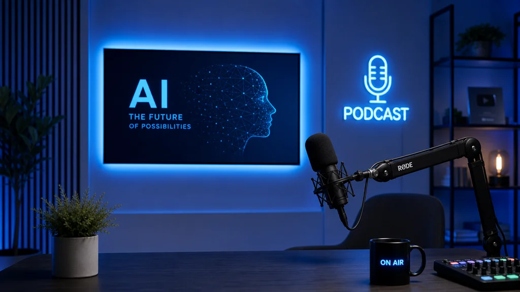 AI podcast studio generated by GPT Image 2 on ElevenLabs Free Plan — blue neon lighting, professional RODE microphone, AI PODCAST sign, ON AIR mug. Created June 2026.