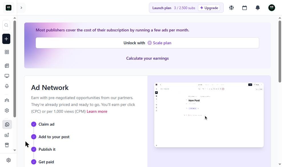 beehiiv Ad Network page showing Unlock with Scale plan paywall, with ad description — Earn with pre-negotiated opportunities from partners, CPC or CPM earnings — free Launch plan cannot access — July 2026