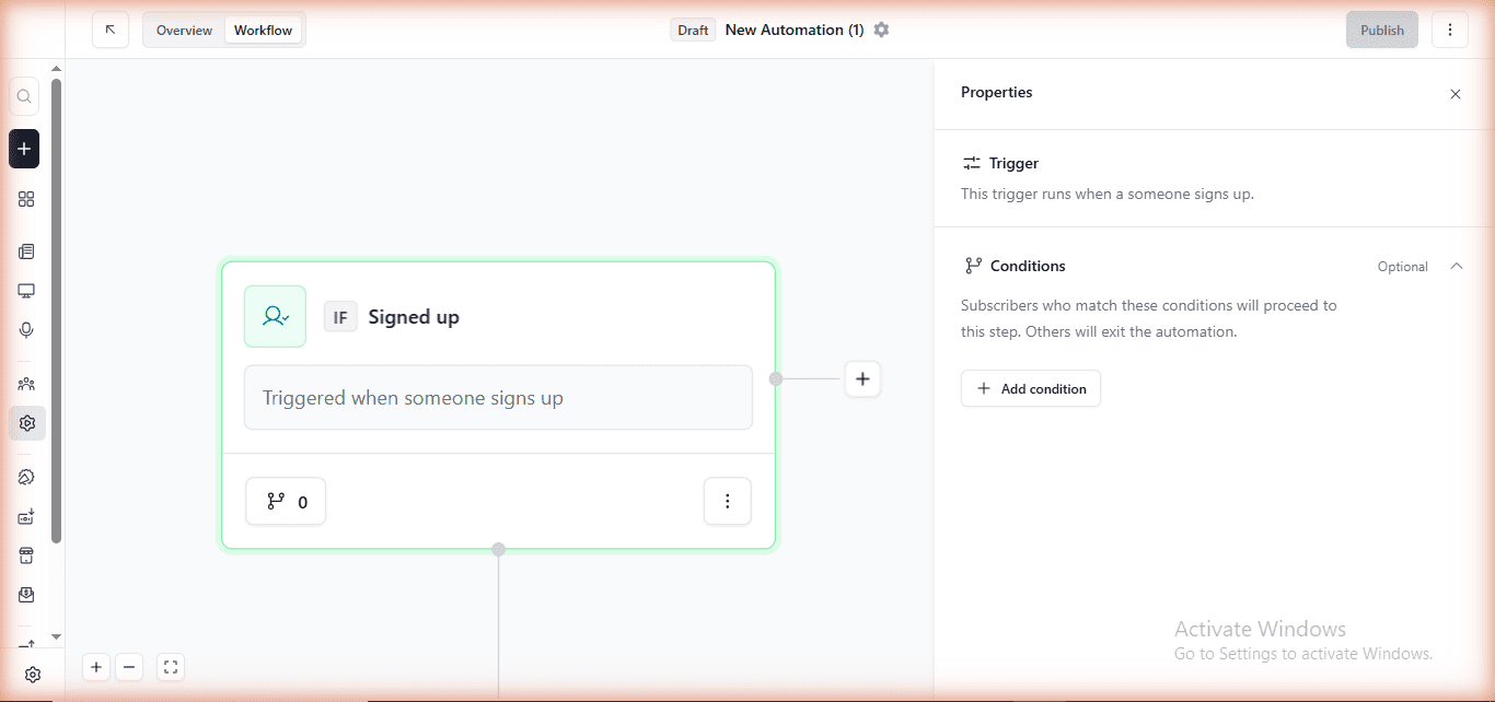 beehiiv automation builder on free Launch plan — full trigger list accessible but activation requires Scale, June 2026