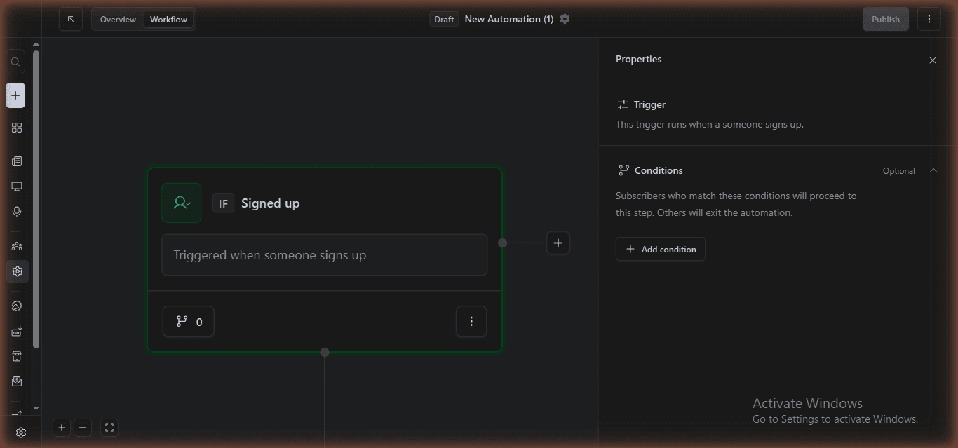 beehiiv automation workflow builder with Signed Up trigger on free plan — cannot activate without Scale, June 2026