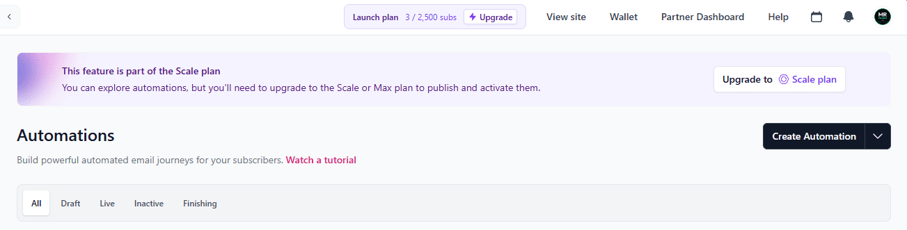 beehiiv Automations Scale plan banner closeup — This feature is part of the Scale plan, cannot activate free, June 2026