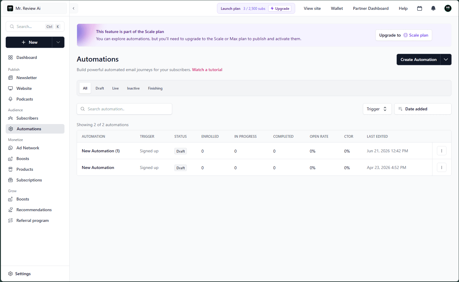 beehiiv Automations page on free Launch plan showing Scale plan only banner — automations can be explored but not activated free, June 2026