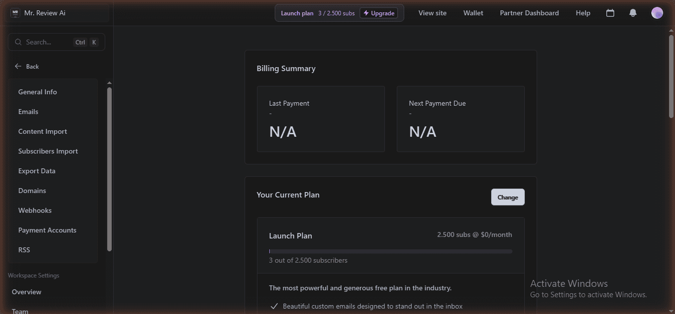 beehiiv Launch free plan billing — 3/2500 subscribers, $0 per month, June 2026