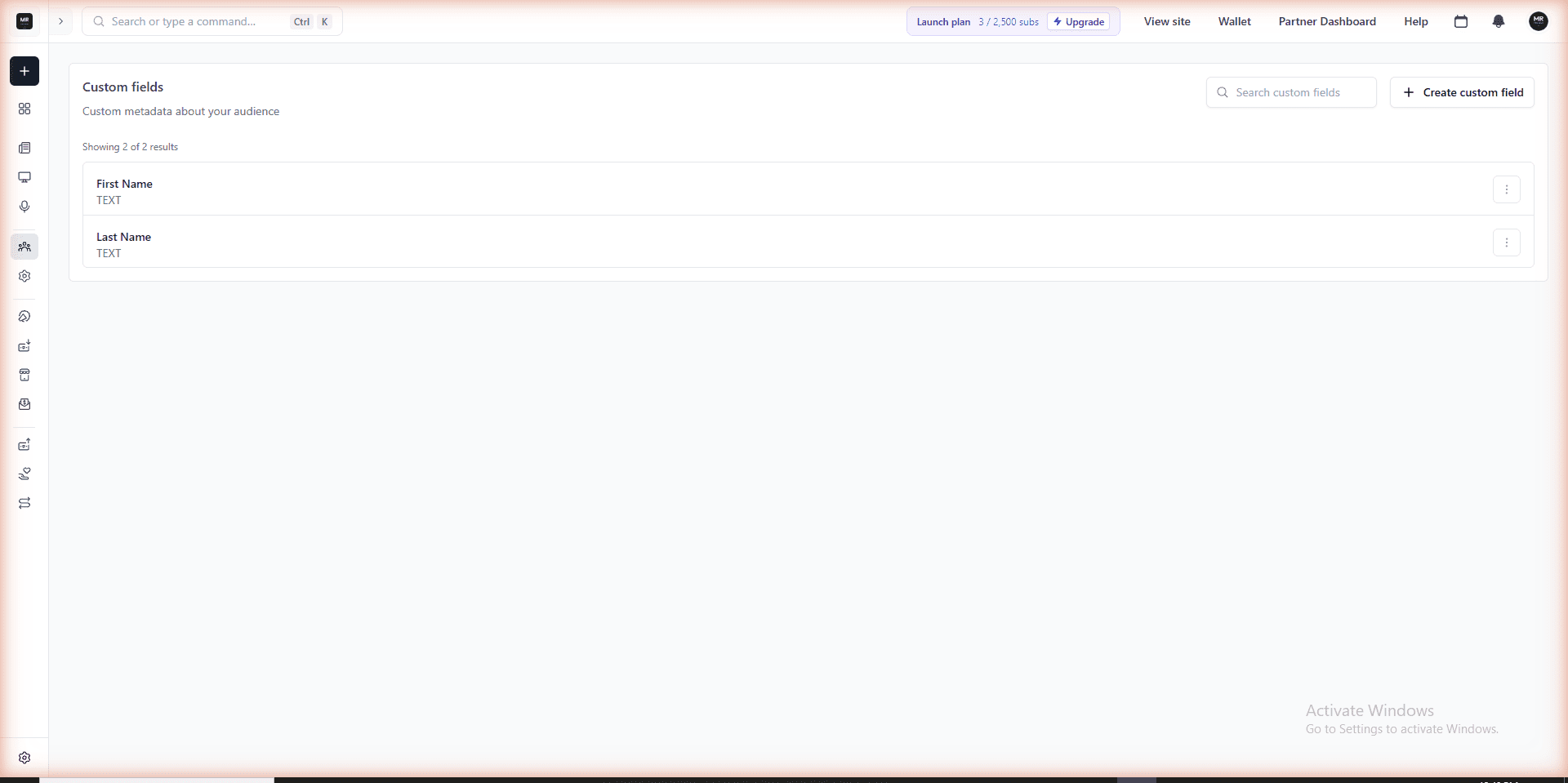 beehiiv custom fields page on Launch (free) plan showing First Name and Last Name text fields — custom fields available free, June 2026