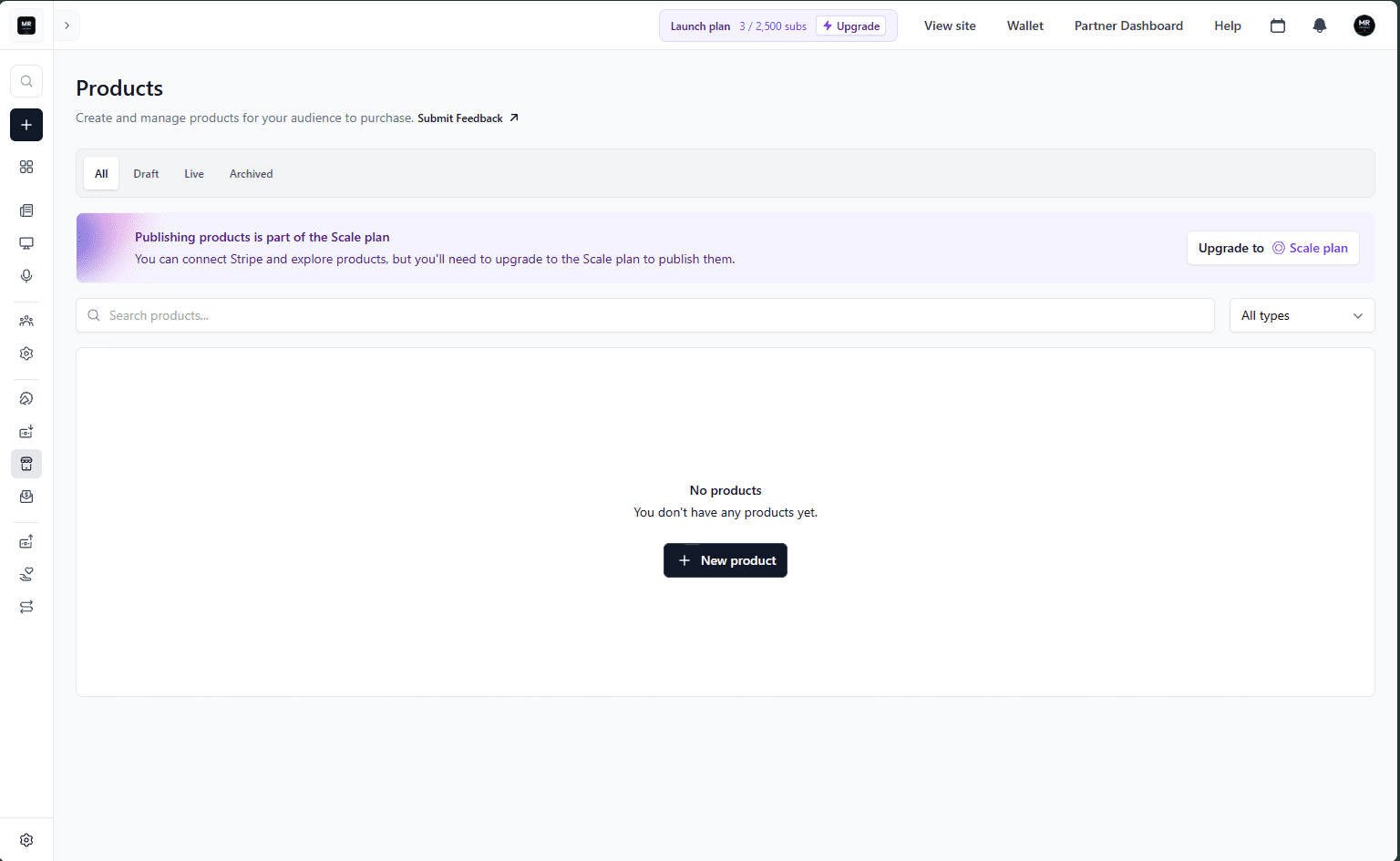 beehiiv Products page on free Launch plan showing Scale plan only banner — publishing products requires Scale plan upgrade, June 2026