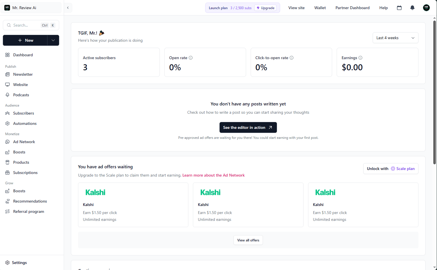 beehiiv Launch plan free dashboard showing 3 active subscribers and Launch plan 3/2500 subs badge — real account screenshot, June 2026