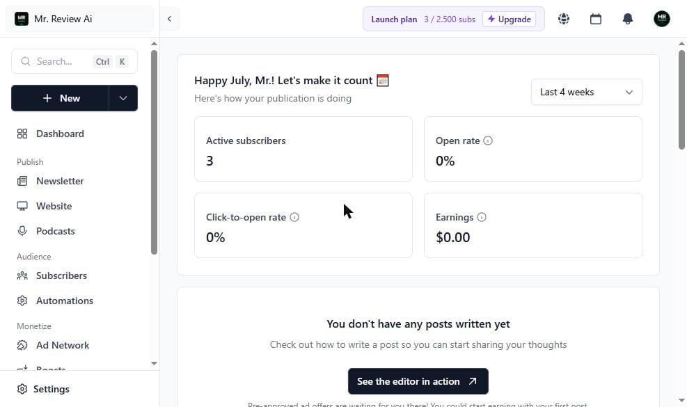 beehiiv Launch Plan free dashboard showing 3 active subscribers, 0% open rate, $0.00 earnings — Launch plan 3 out of 2500 subscribers — live account July 2026