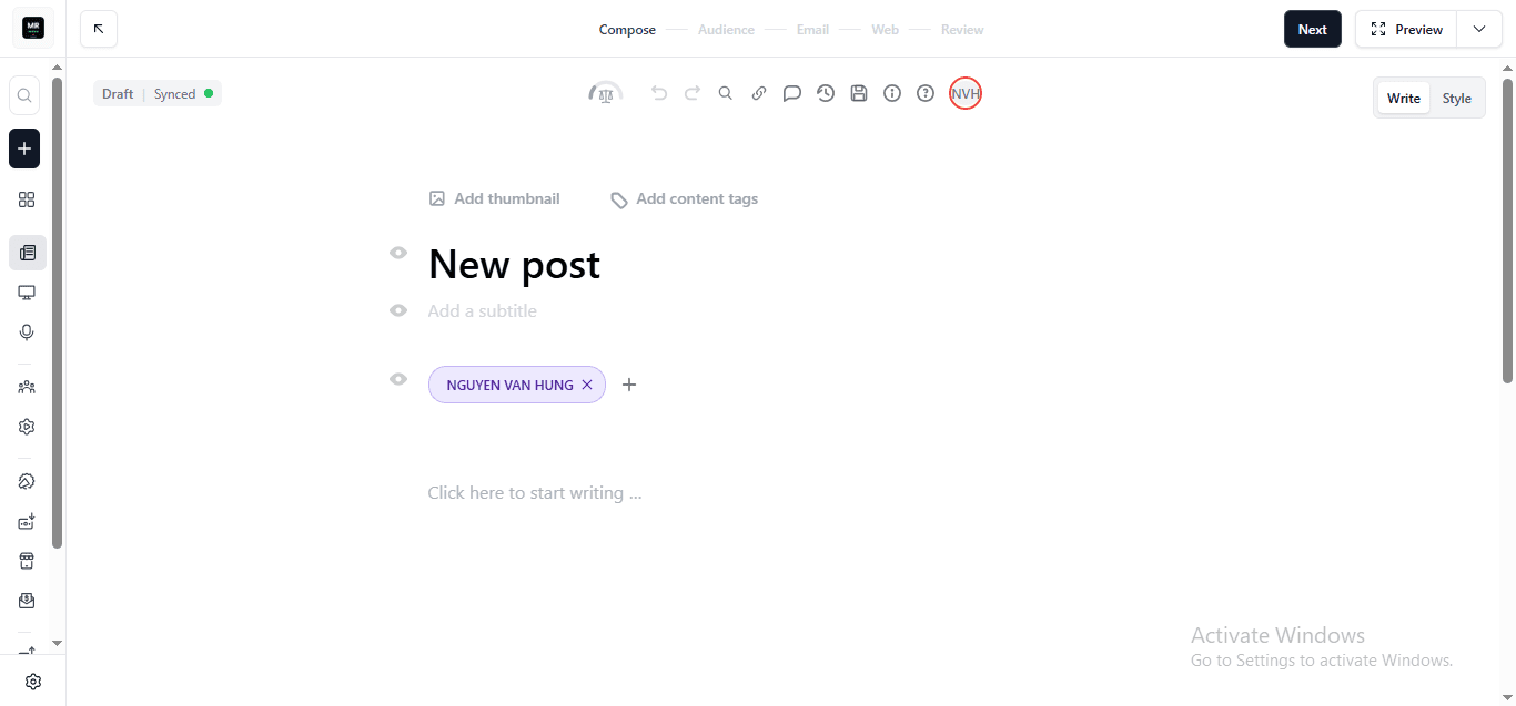 beehiiv newsletter editor compose step on free Launch plan — block editor, email and web simultaneous publish, June 2026