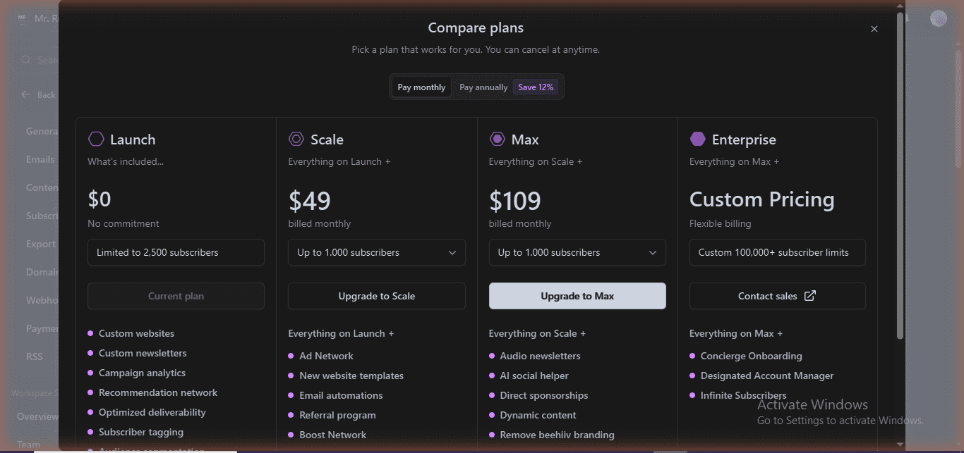 beehiiv pricing comparison table showing 4 plans Launch $0 Scale $49 Max $109 Enterprise custom pricing — June 2026