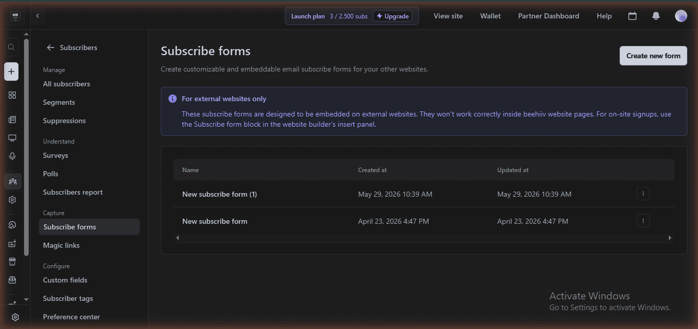 beehiiv subscribe forms for external website embedding on free Launch plan — June 2026