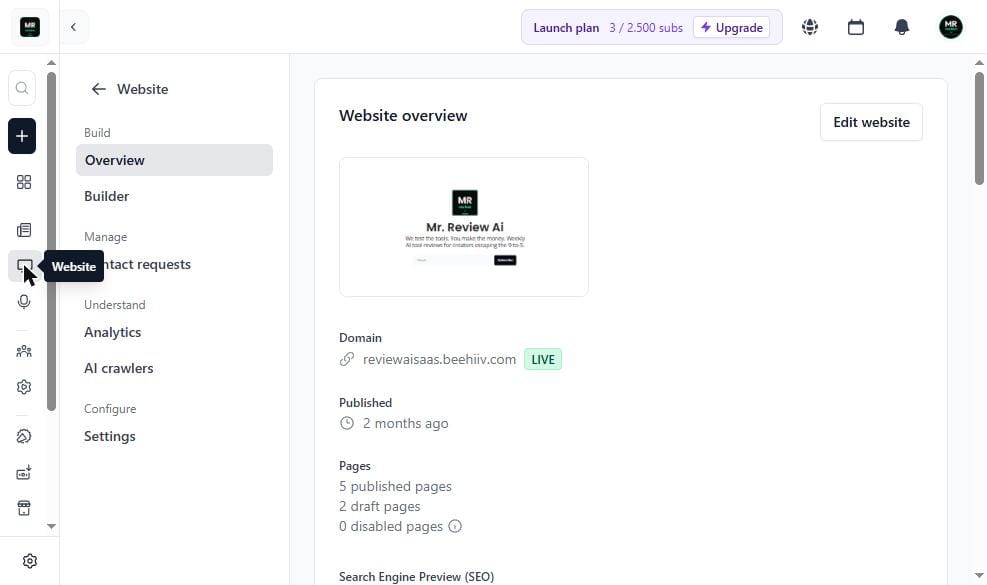 beehiiv Website overview page showing reviewaisaas.beehiiv.com domain with LIVE green badge, published 2 months ago, 5 published pages, 2 draft pages, Search Engine Preview SEO section — free Launch plan July 2026