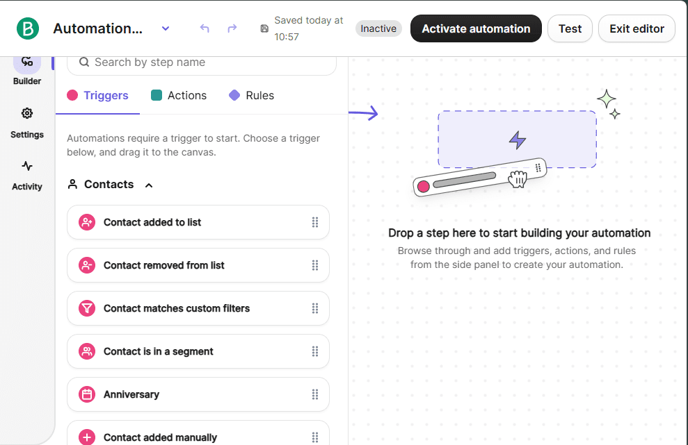 Brevo automation builder showing Inactive status and Activate automation button β automation workflows cannot be activated on the free plan