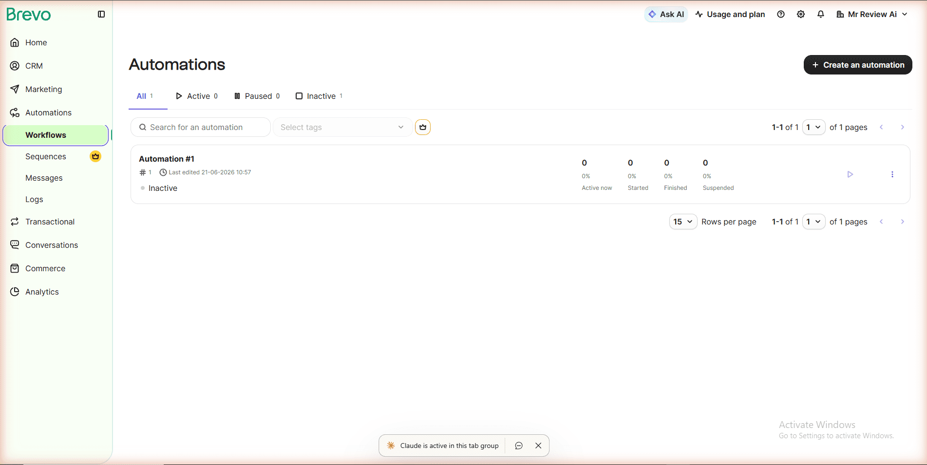 Brevo free plan automation workflows page - Automation #1 Inactive status - All 1 Active 0 - real account mrreviewai.com tested June 2026