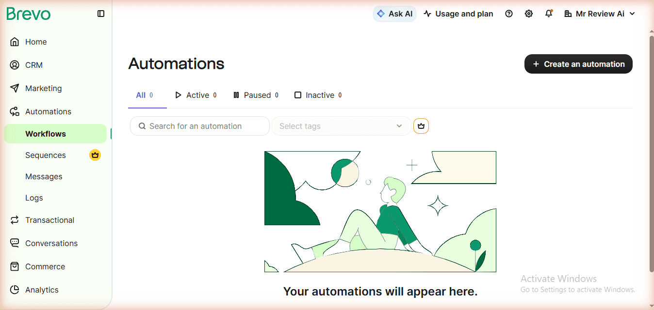 Brevo Automations page showing empty workflows - automations draft-only on free plan, Sequences requires paid upgrade
