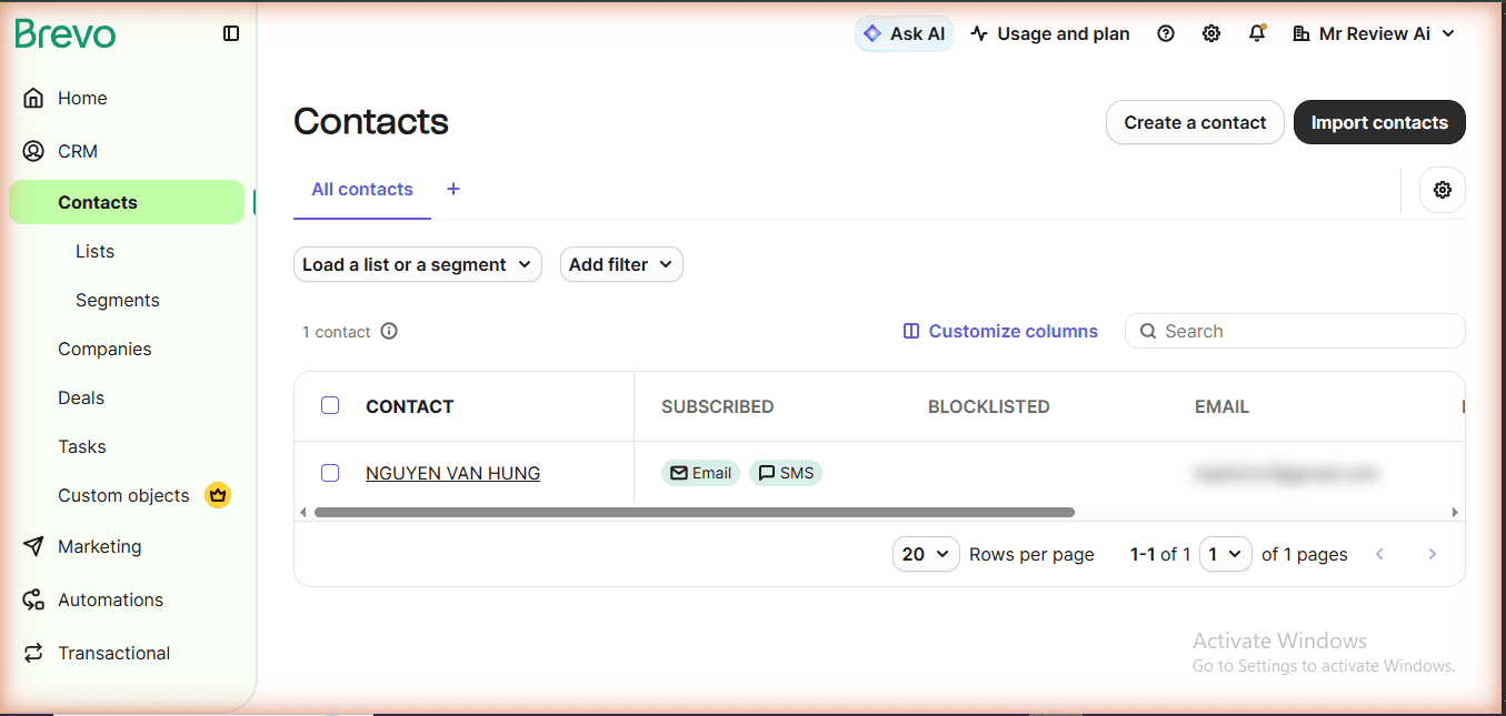 Brevo Contacts page showing unlimited contacts on free plan - CRM with email and SMS subscriptions