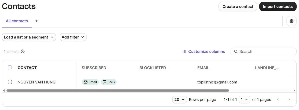 Brevo Contacts page — 1 contact with no subscriber limit displayed. Free plan does not cap contacts. Real Mr Review AI account, app.brevo.com, June 2026.