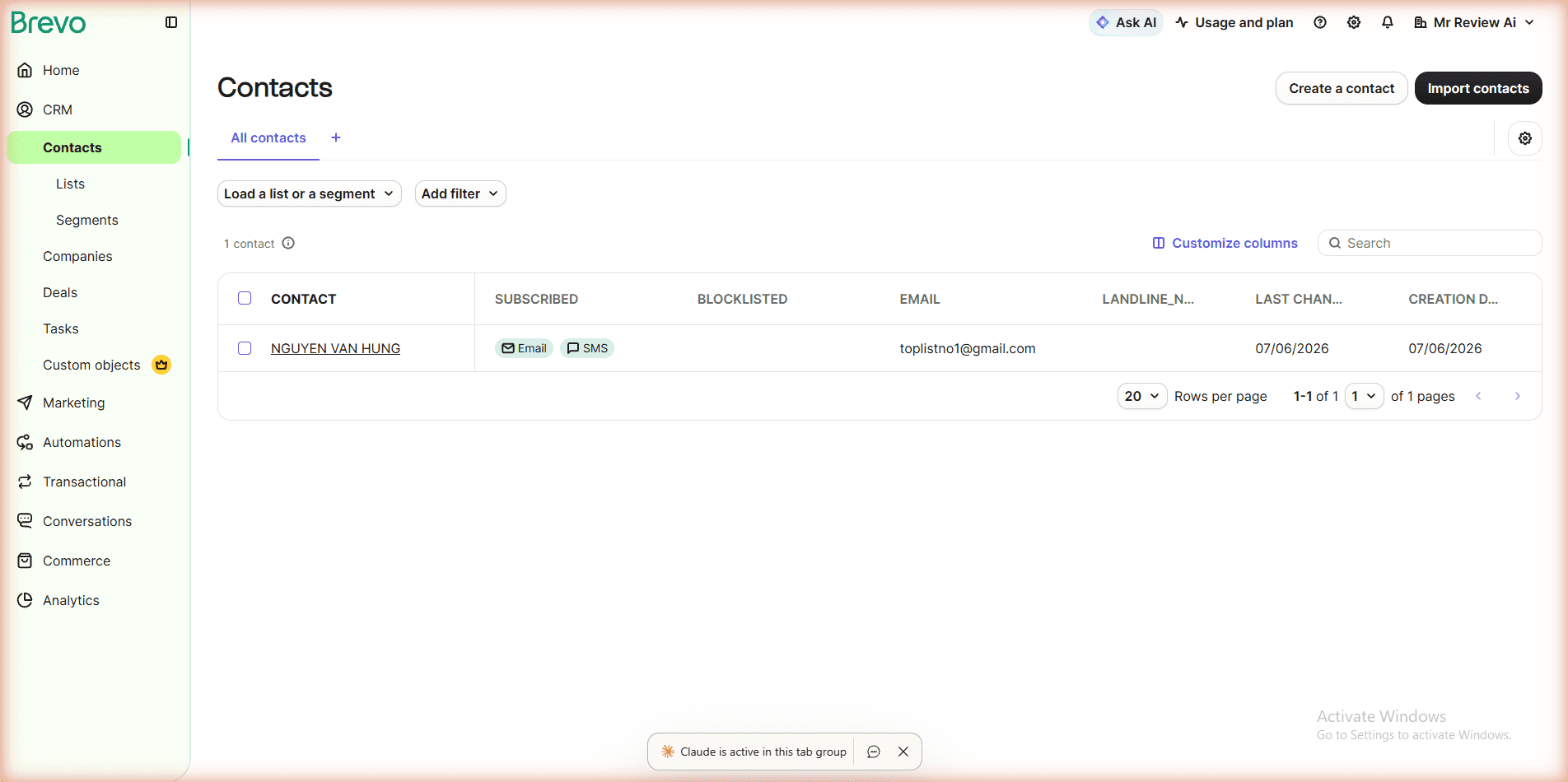 Brevo CRM Contacts free plan - 1 contact NGUYEN VAN HUNG - unlimited contacts no paywall - real account mrreviewai.com tested June 2026