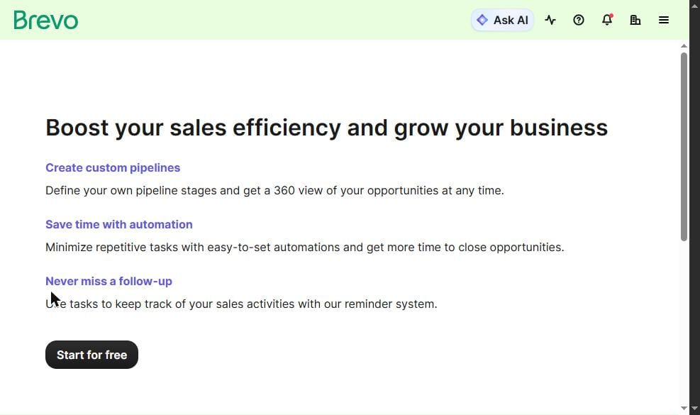 Brevo CRM Deals pipeline free plan — custom pipelines, sales stages, follow-up tasks. 50 open deals on free. Mailchimp has no CRM equivalent. July 2026 — app.brevo.com