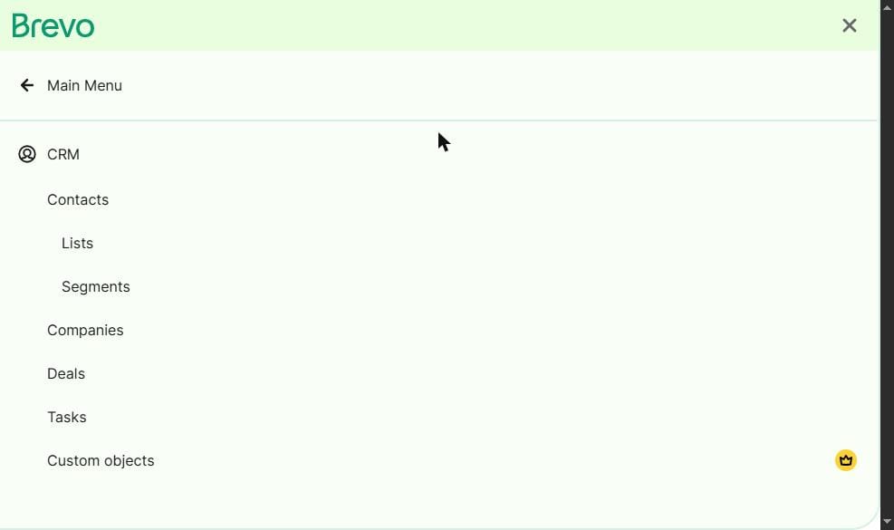 Brevo CRM sub-menu — Contacts, Lists, Segments, Companies, Deals, Tasks all accessible on free plan. Custom objects shows crown (paid). July 2026 — app.brevo.com
