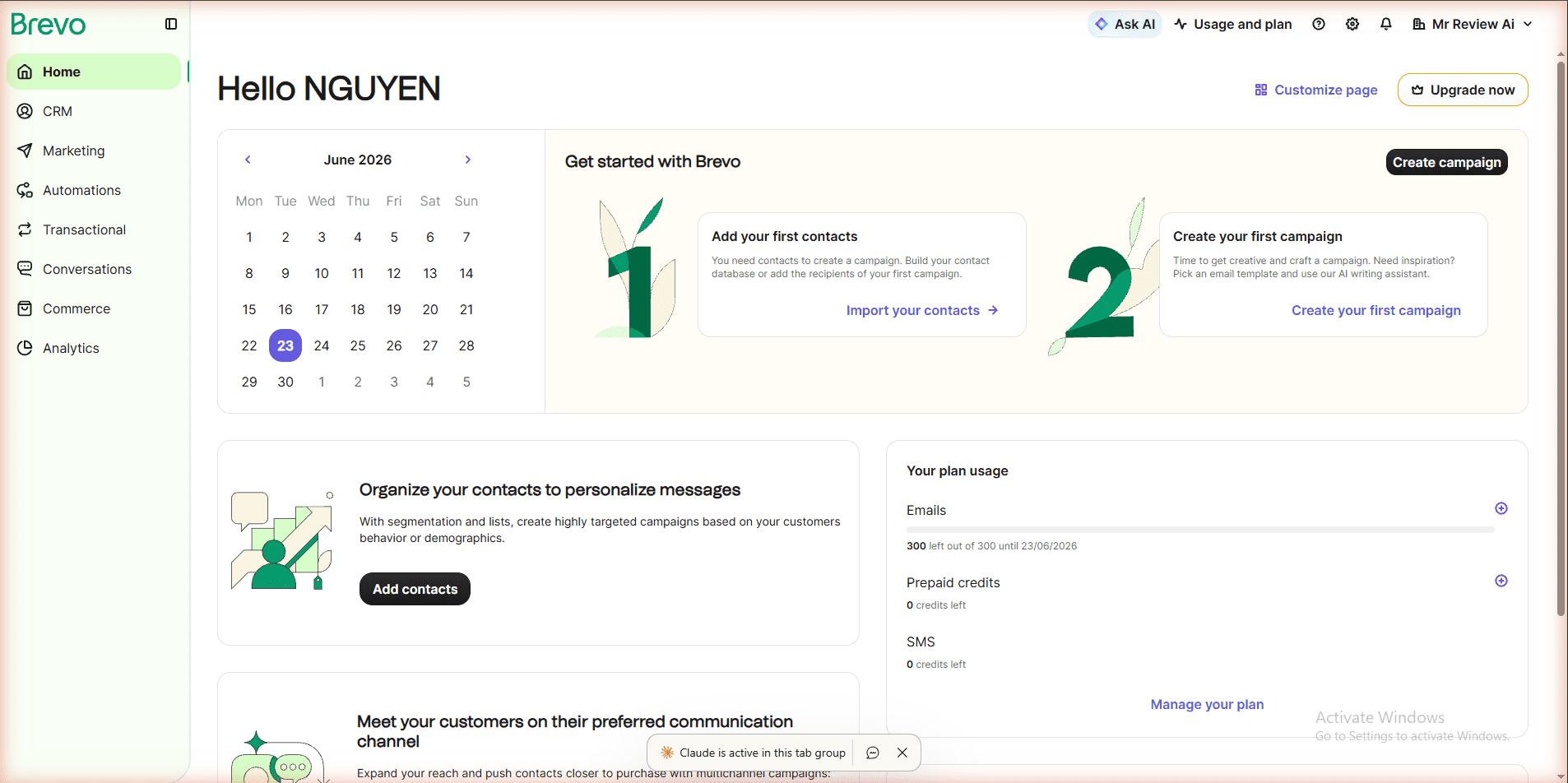 Brevo free plan dashboard - Hello NGUYEN - 300 emails left out of 300 until 23 June 2026 - real account mrreviewai.com tested June 2026