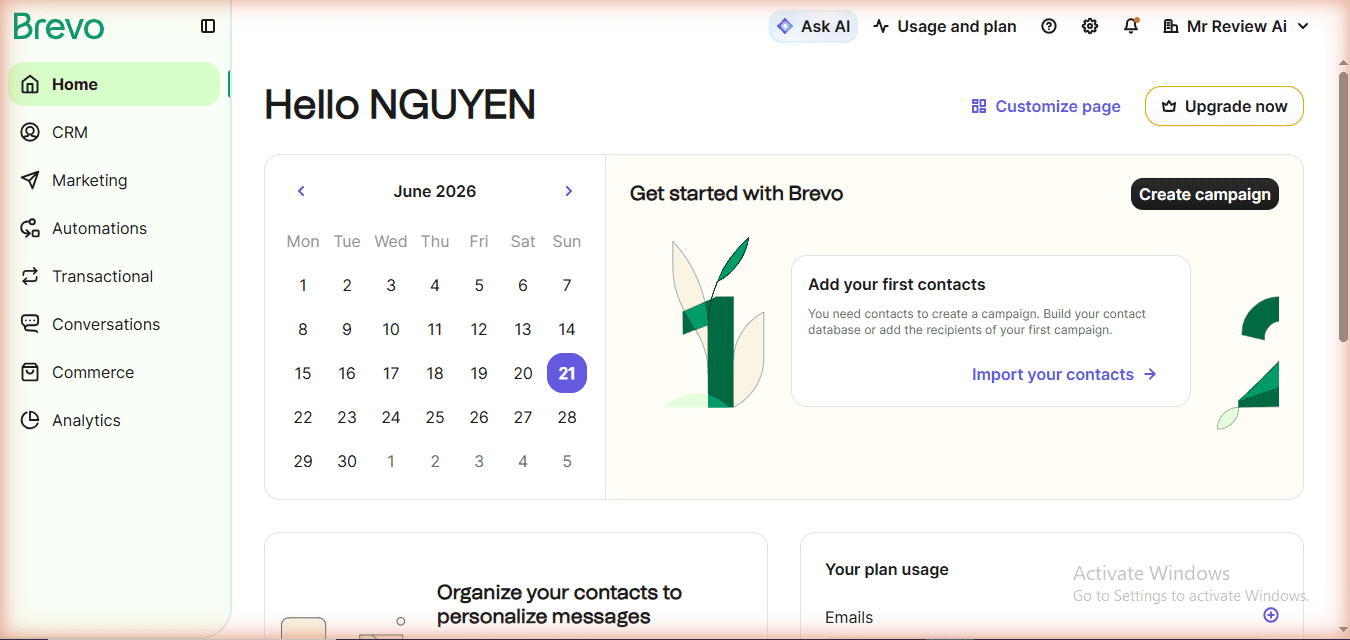 Brevo free plan dashboard - Hello NGUYEN account overview with Marketing, Automations, CRM menu
