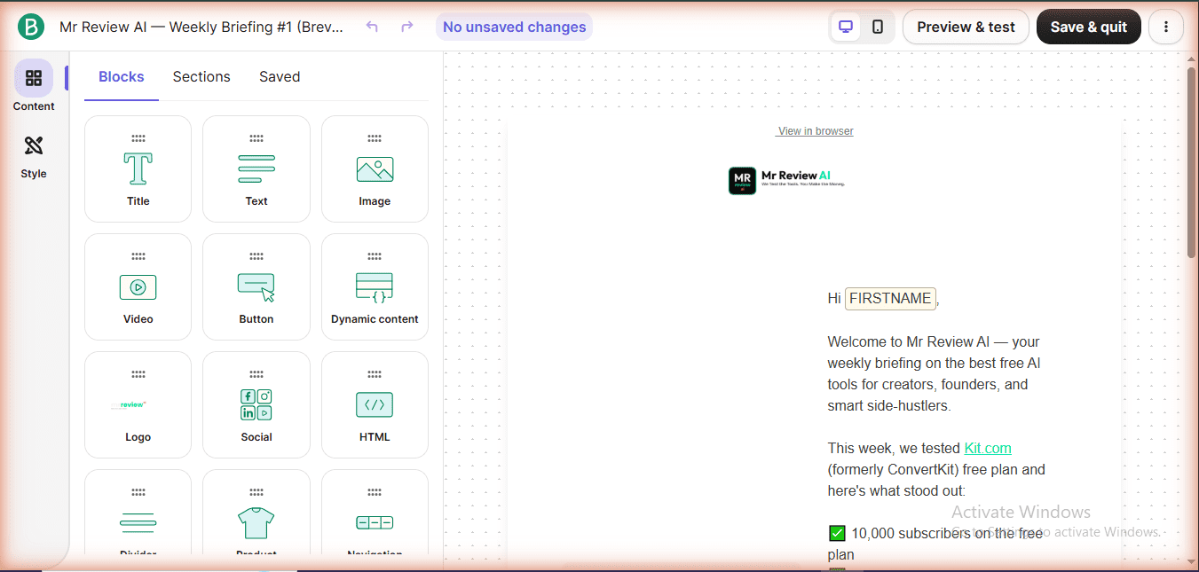 Brevo drag-and-drop email campaign editor with Mr Review AI logo - free plan hands-on test