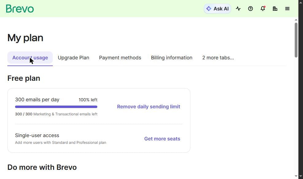 Brevo free plan billing dashboard — 300 emails/day confirmed, 300/300 remaining, single-user access. Tested live July 2026 — app.brevo.com