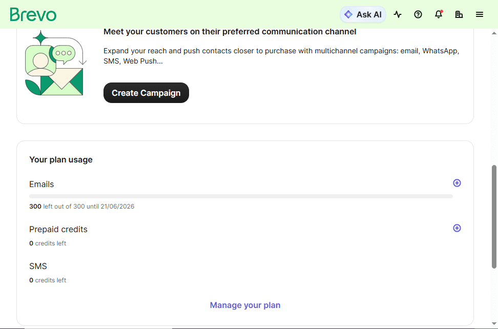 Brevo free plan dashboard showing 300 emails remaining out of 300 daily limit, valid until June 21 2026