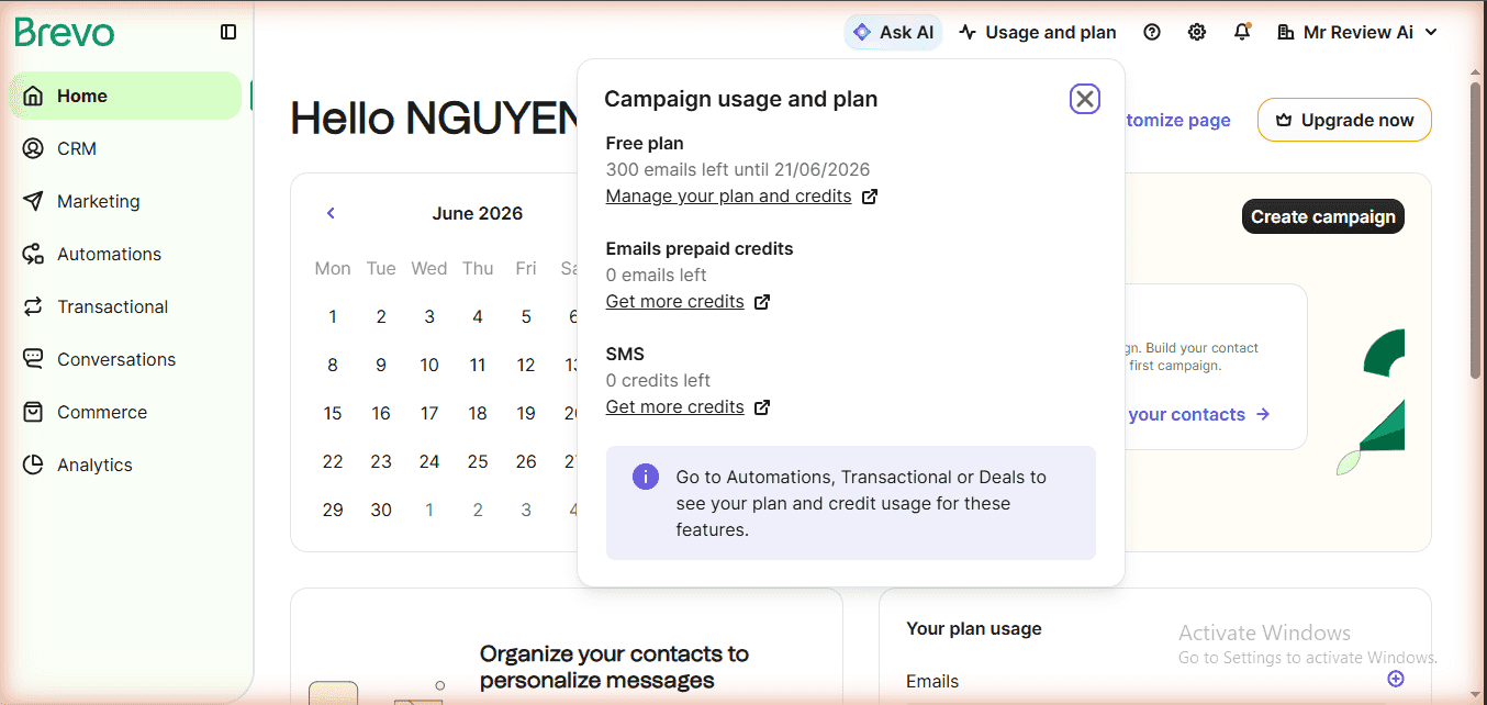 Brevo Campaign usage and plan popup showing Free plan with 300 emails left until 21/06/2026