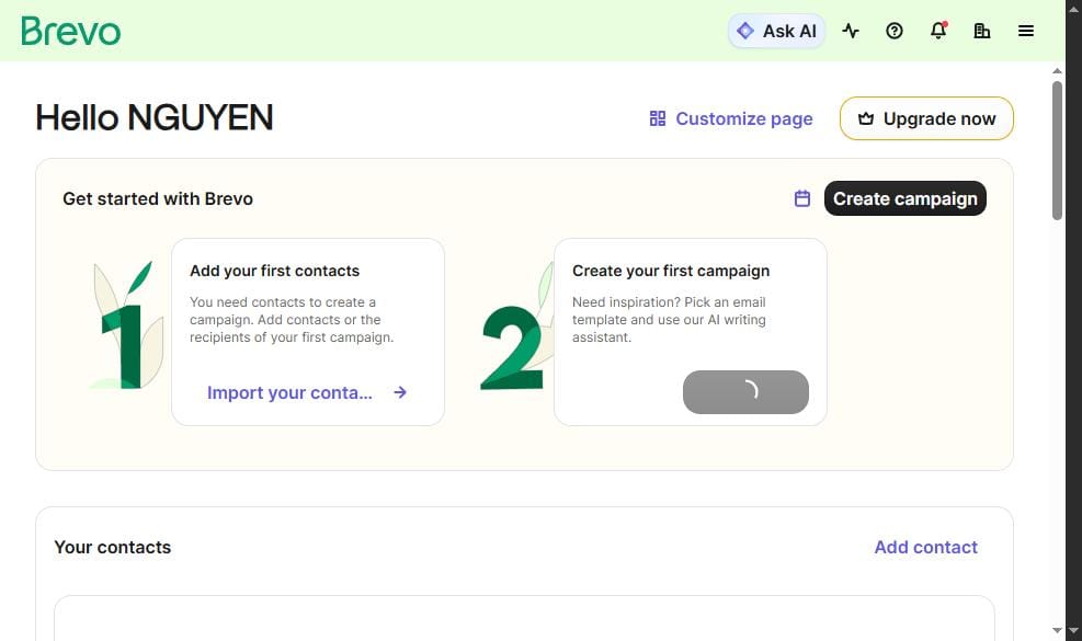 Brevo home dashboard — Hello Nguyen, free plan, campaign creation and contact import onboarding. Hamburger menu shows CRM, Marketing, Automations, Transactional. July 2026 — app.brevo.com